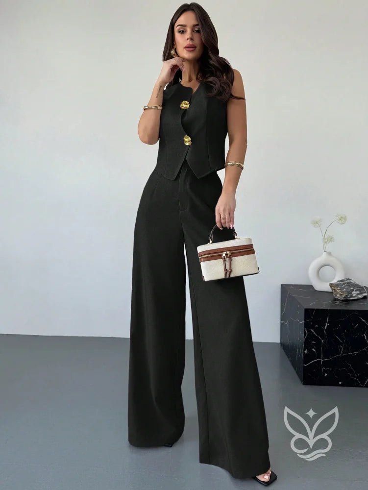 Conjunto Colete Assimétrico Com Fivela E Calça Pantalona Slimming Preto / PP Conjunto Colete Assimétrico Com Fivela E