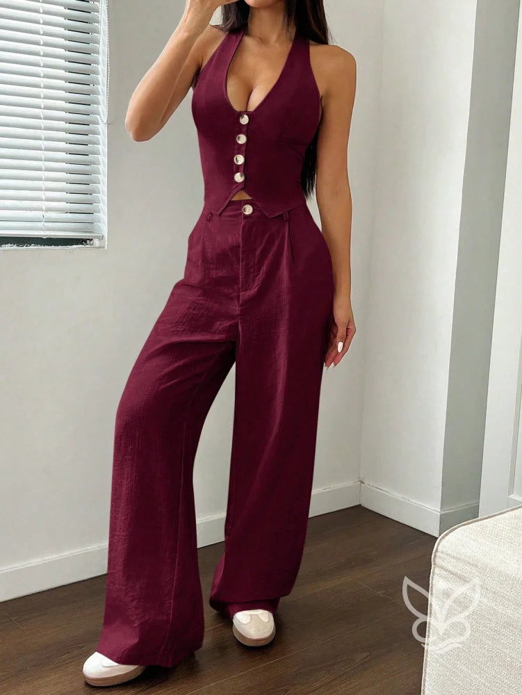 Conjunto Colete Halter Com Amarração E Calça Reta Conjunto Colete Halter Com Amarração E Calça Reta