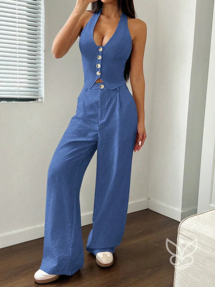 Conjunto Colete Halter Com Amarração E Calça Reta Conjunto Colete Halter Com Amarração E Calça Reta