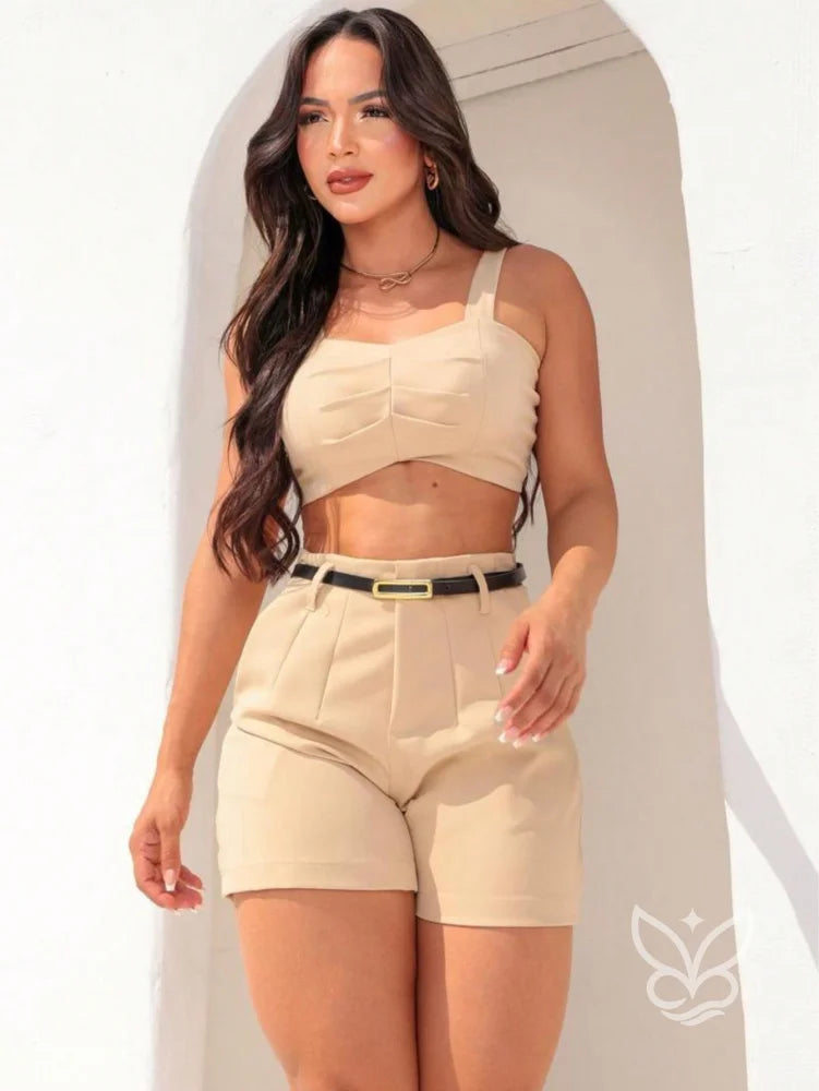 Conjunto Cropped Alfaitaria Com Shorts Bege / P Conjunto Cropped Alfaitaria Com Shorts