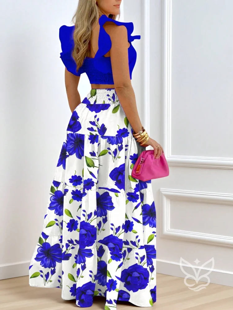 Conjunto Cropped Com Babados E Saia Longa Floral Estampada Conjunto Cropped Com Babados E Saia Longa Floral Estampada