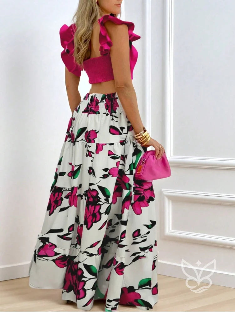 Conjunto Cropped Com Babados E Saia Longa Floral Estampada Conjunto Cropped Com Babados E Saia Longa Floral Estampada