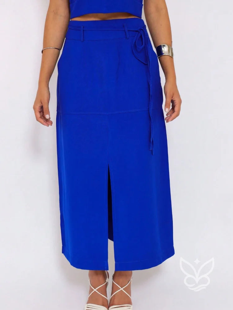 Conjunto Cropped Com Babados E Saia Midi Fenda Conjunto Cropped Com Babados E Saia Midi Fenda