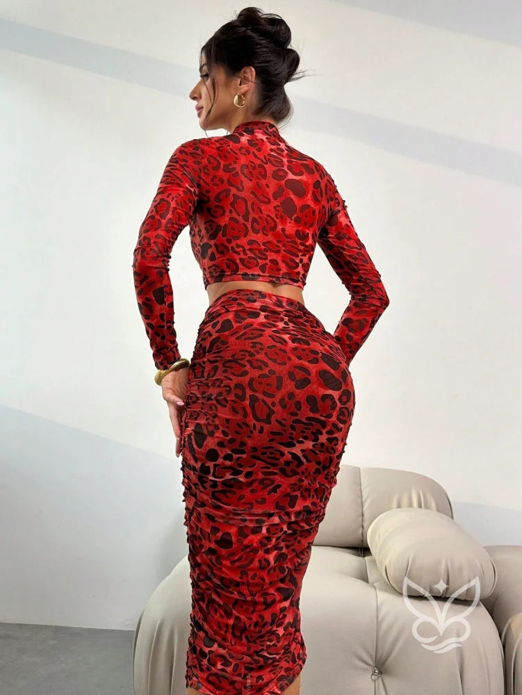 Conjunto Cropped Manga Longa Bodycon Com Saia Cintura Alta E Franzida Conjunto Tubinho Com Franjas E Saia Curta