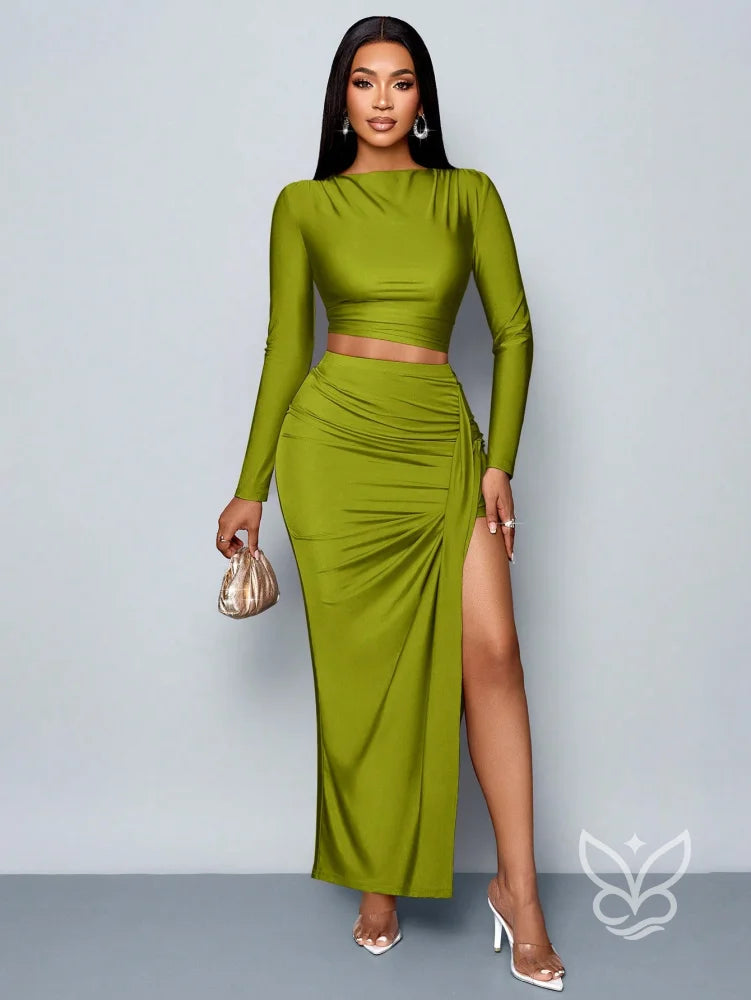 Conjunto Cropped Manga Longa Com Saia Fenda Conjunto Cropped Manga Longa Com Saia Fenda