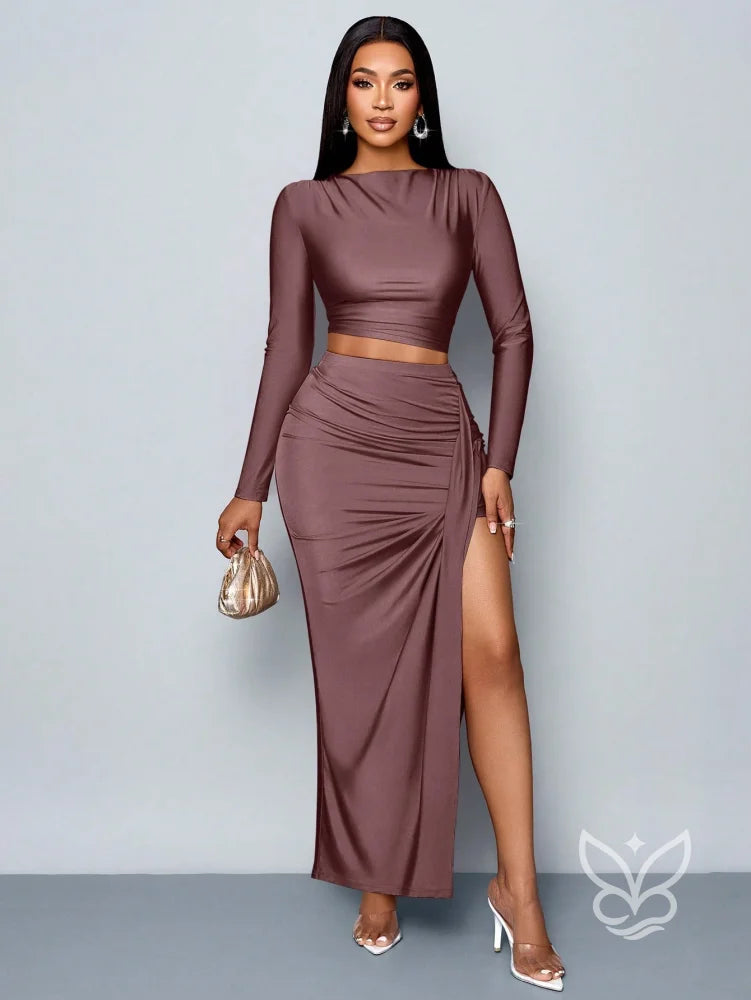 Conjunto Cropped Manga Longa Com Saia Fenda Roxo / PP Conjunto Cropped Manga Longa Com Saia Fenda
