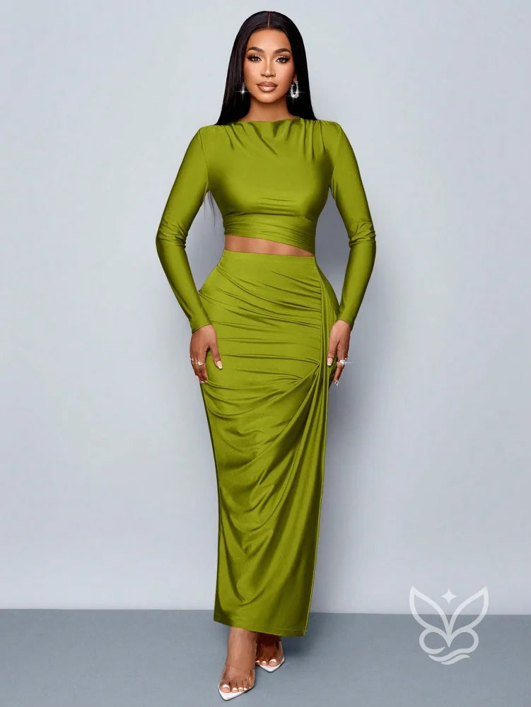 Conjunto Cropped Manga Longa Com Saia Fenda Verde / P Conjunto Cropped Manga Longa Com Saia Fenda