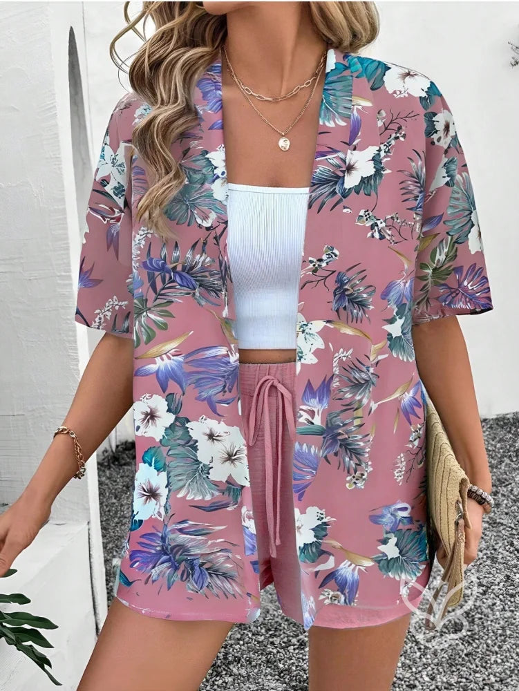 Conjunto Kimono Estampado Animal Print E Shorts Solto Conjunto Kimono Estampado Animal Print E Shorts Solto