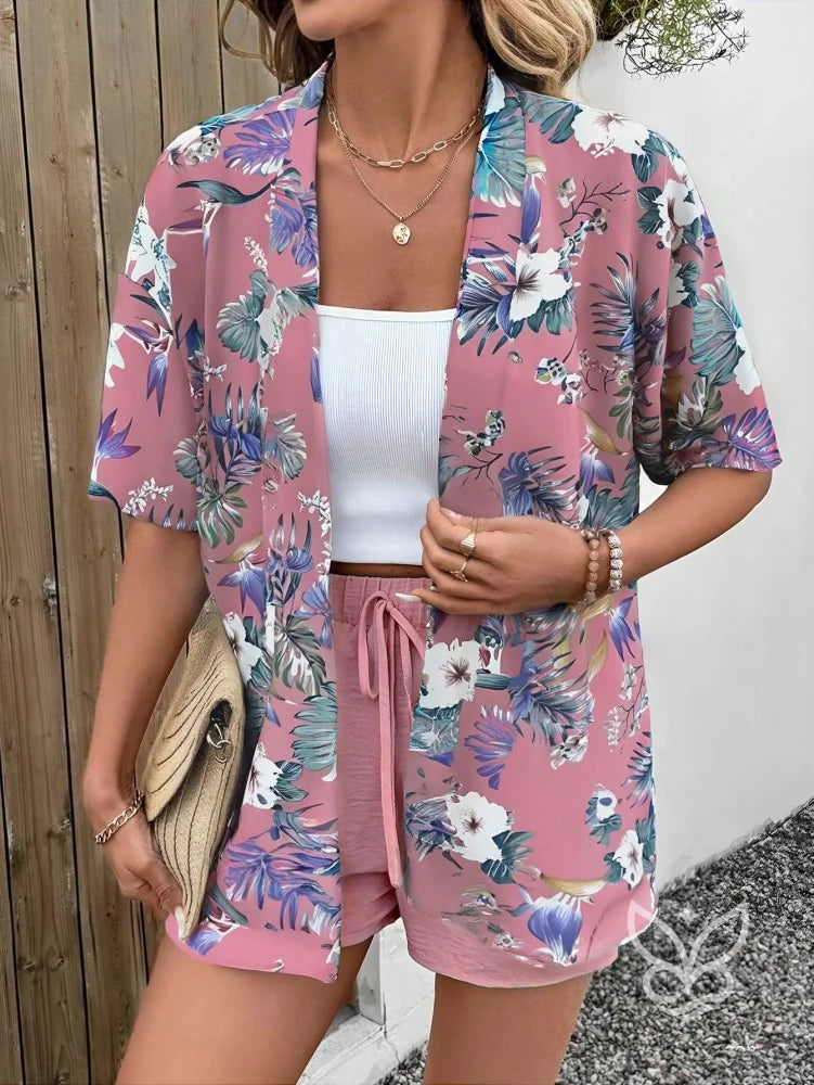 Conjunto Kimono Estampado Animal Print E Shorts Solto Conjunto Kimono Estampado Animal Print E Shorts Solto