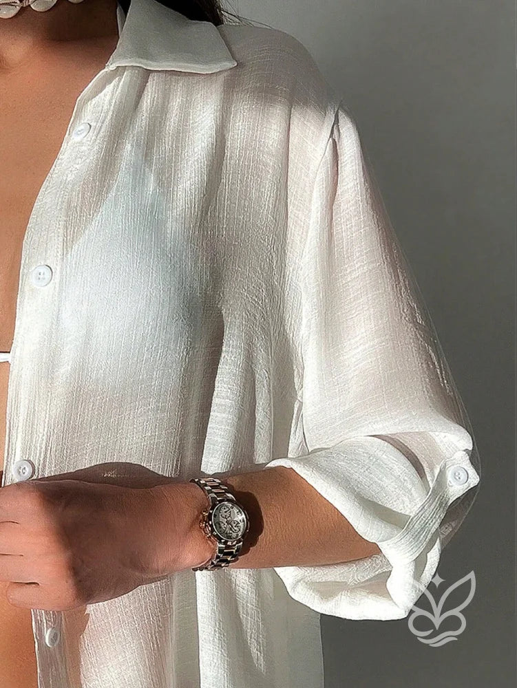Saída de Praia Chemise com Botões e Manga ¾ Saída de Praia Chemise com Botões e Manga ¾