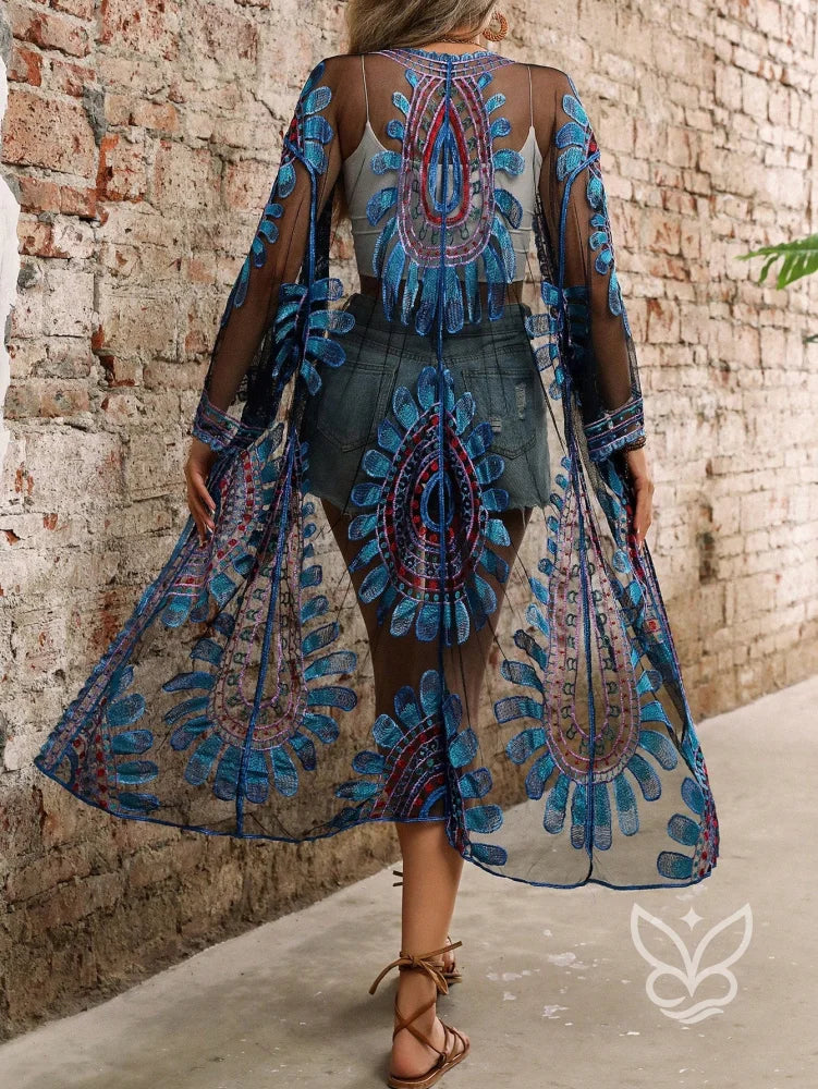 Saída de Praia Kimono Renda Bordado com Transparência Saída de Praia Kimono Renda Bordado com Transparência