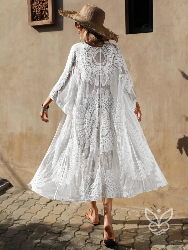 Saída de Praia Kimono Rendada com Transparência Elegante Saída de Praia Kimono Rendada com Transparência Elegante