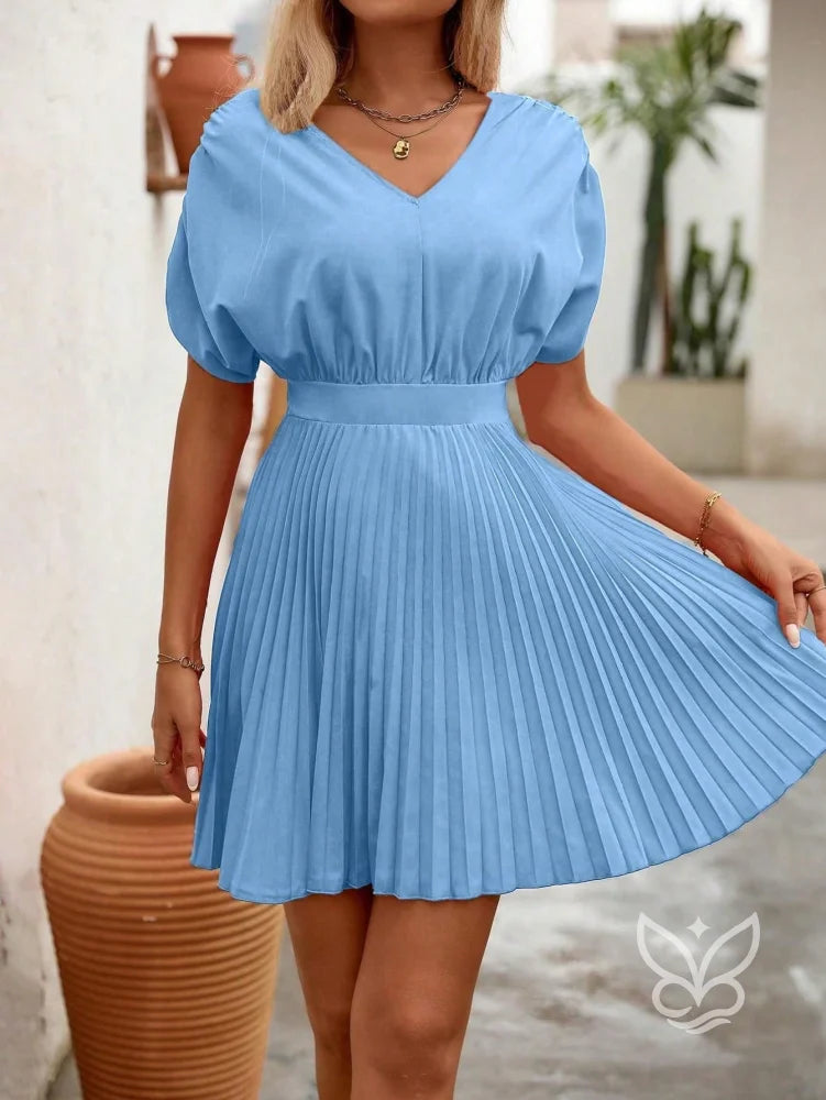 Vestido A-Line Plissado Com Decote V E Cintura Marcada Vestido A-Line Plissado Com Decote V E Cintura Marcada