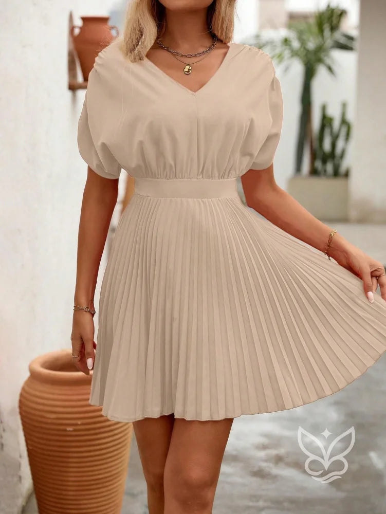 Vestido A-Line Plissado Com Decote V E Cintura Marcada Caqui / PP Vestido A-Line Plissado Com Decote V E Cintura Marcada