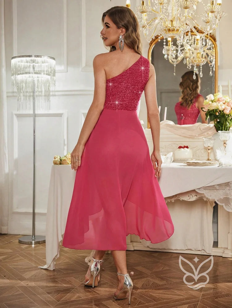 Vestido Assimétrico Ombro Só Com Paetês E Saia Fluida Vestido Assimétrico Ombro Só Com Paetês E Saia Fluida