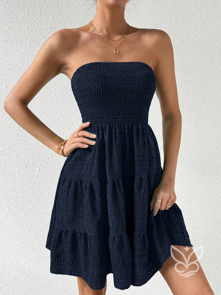 Vestido Bandeau Com Franzidos E Barra Plissada Vestido Bandeau Com Franzidos E Barra Plissada