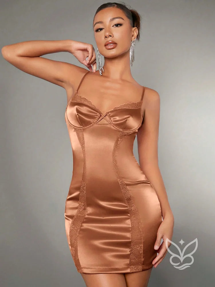 Vestido Bodycon Com Bustier Detalhes Em Renda E Alças Finas Castanho / PP Vestido Bodycon Com Bustier Detalhes Em Renda