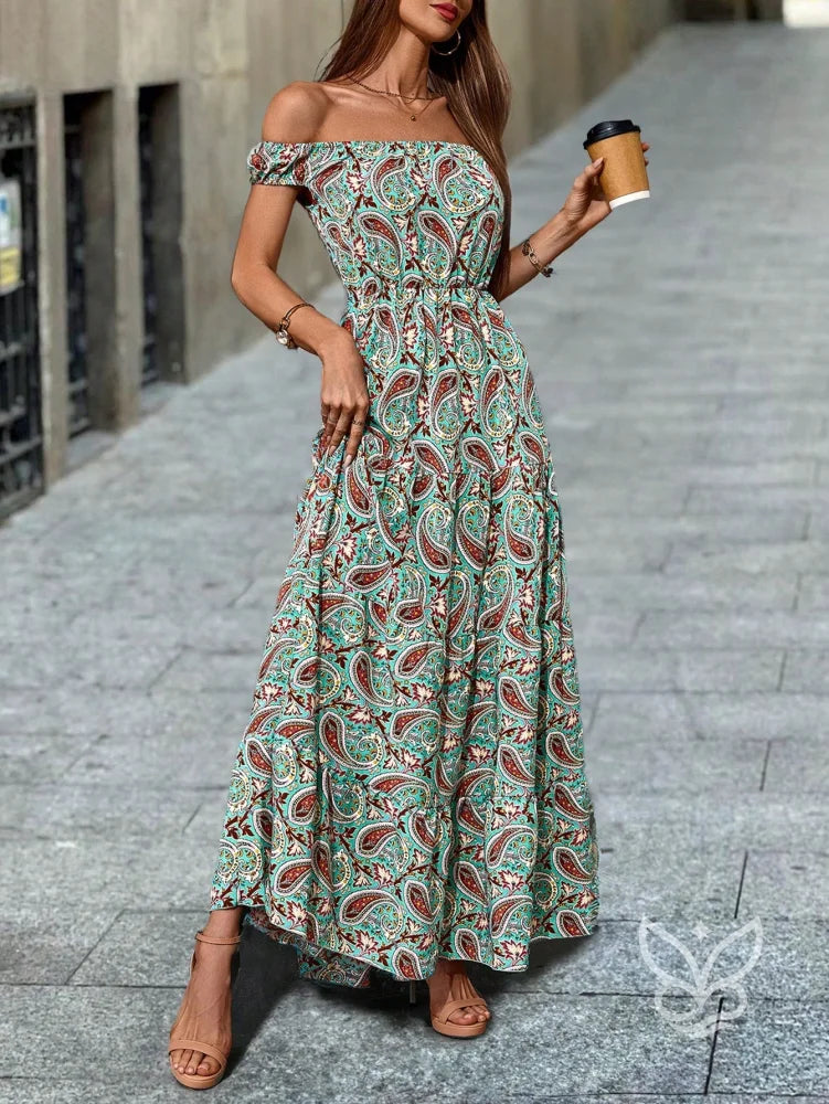 Vestido Casual Ombro A Ombro Manga Curta E Estampa Paisley Vestido Casual Ombro A Ombro Manga Curta E Estampa Paisley