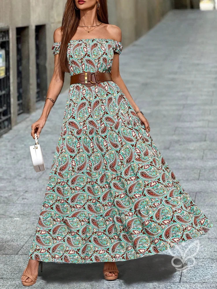 Vestido Casual Ombro A Ombro Manga Curta E Estampa Paisley Vestido Casual Ombro A Ombro Manga Curta E Estampa Paisley