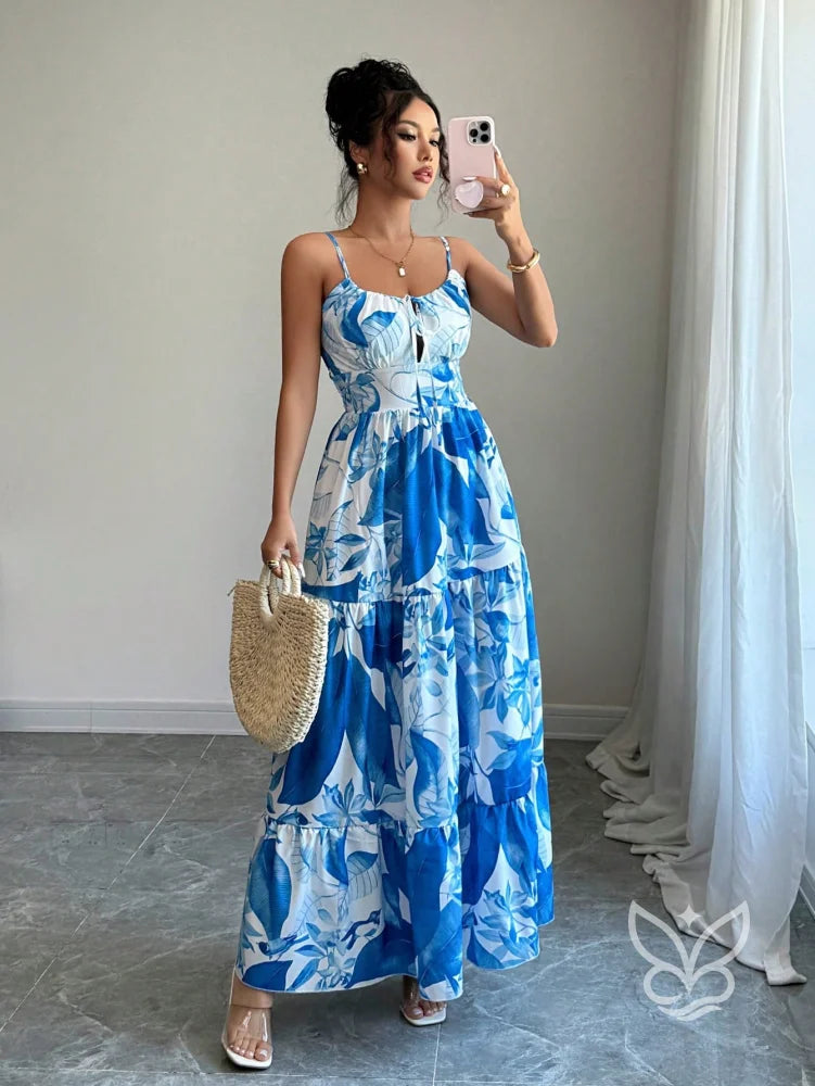 Vestido Com Alças Finas Cintura Marcada E Estampa Folhagem Vestido Com Alças Finas Cintura Marcada E Estampa Folhagem