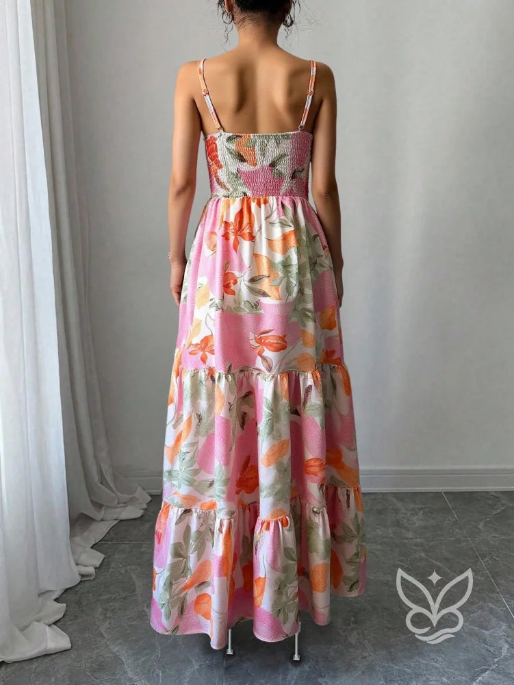 Vestido Com Alças Finas Cintura Marcada E Estampa Folhagem Vestido Com Alças Finas Cintura Marcada E Estampa Folhagem