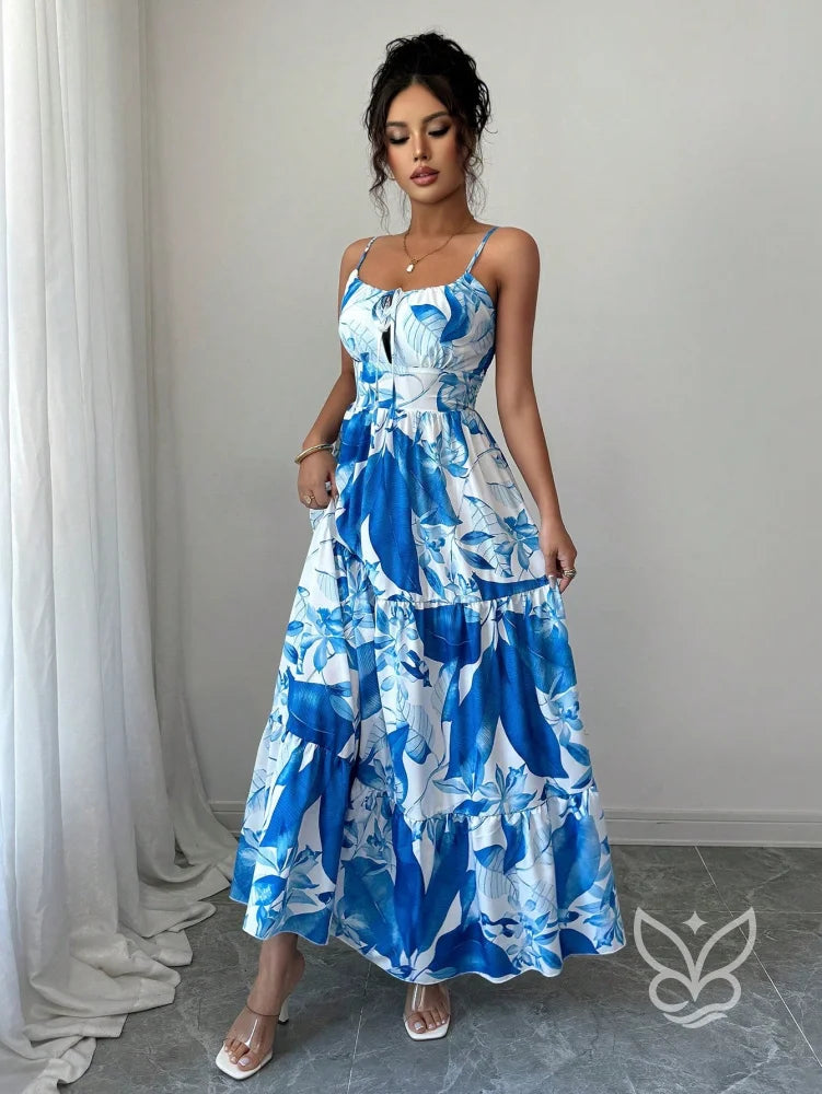 Vestido Com Alças Finas Cintura Marcada E Estampa Folhagem Vestido Com Alças Finas Cintura Marcada E Estampa Folhagem
