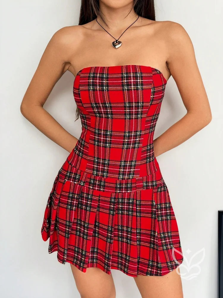 Vestido Curto Bandeau Com Estampa Xadrez E Barra Plissada Vestido Curto Bandeau Com Estampa Xadrez E Barra Plissada