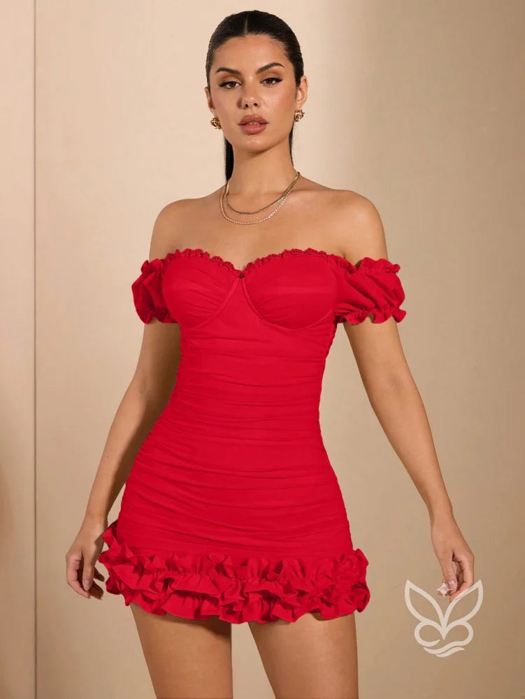 Vestido Curto Barra Bufante Detalhe Floral E Caimento Ajustado Vestido Curto Barra Bufante Detalhe Floral E Caimento