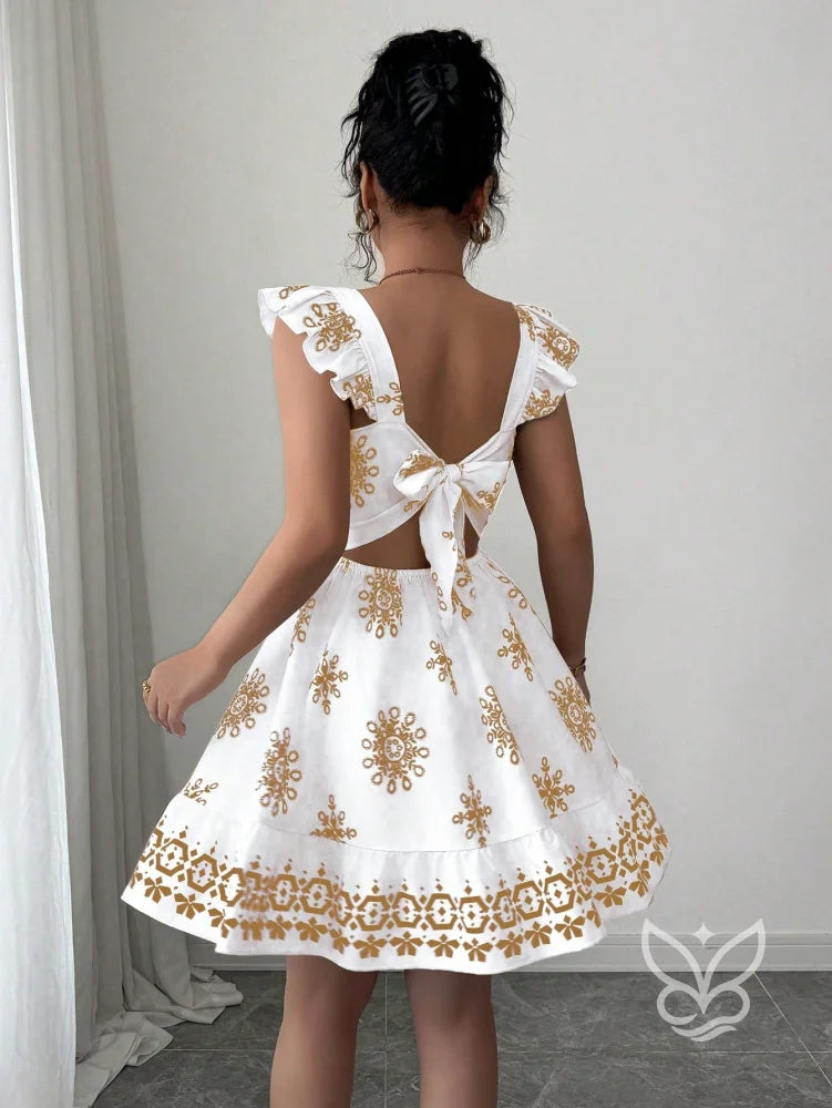 Vestido Curto Com Amarração Nas Costas E Mangas Fluídas Vestido Curto Com Amarração Nas Costas E Mangas Fluídas
