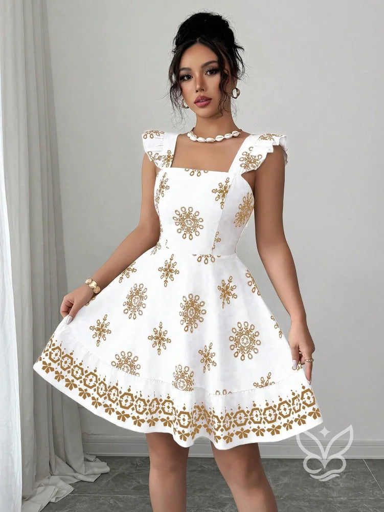 Vestido Curto Com Amarração Nas Costas E Mangas Fluídas Vestido Curto Com Amarração Nas Costas E Mangas Fluídas