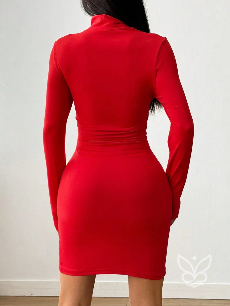 Vestido Curto Justo Com Manga Longa E Gola Alta Vestido Curto Justo Com Manga Longa E Gola Alta
