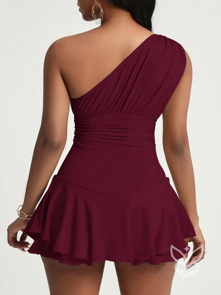 Vestido Curto Ombro Único Com Babados E Modelagem Ajustada Vestido Curto Ombro Único Com Babados E Modelagem Ajustada
