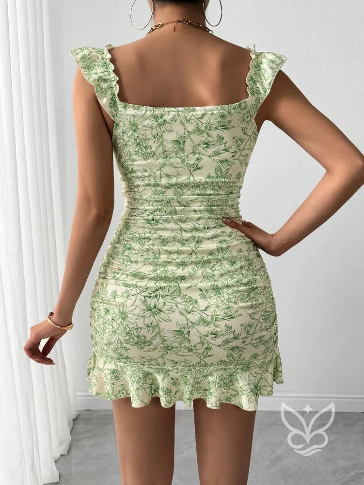 Vestido Curto Plissado Com Babados E Manga Bufante Vestido Curto Plissado Com Babados E Manga Bufante