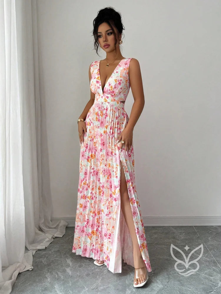 Vestido Curto Sem Manga Com Decote Profundo E Fenda Aberta Vestido Curto Sem Manga Com Decote Profundo E Fenda Aberta