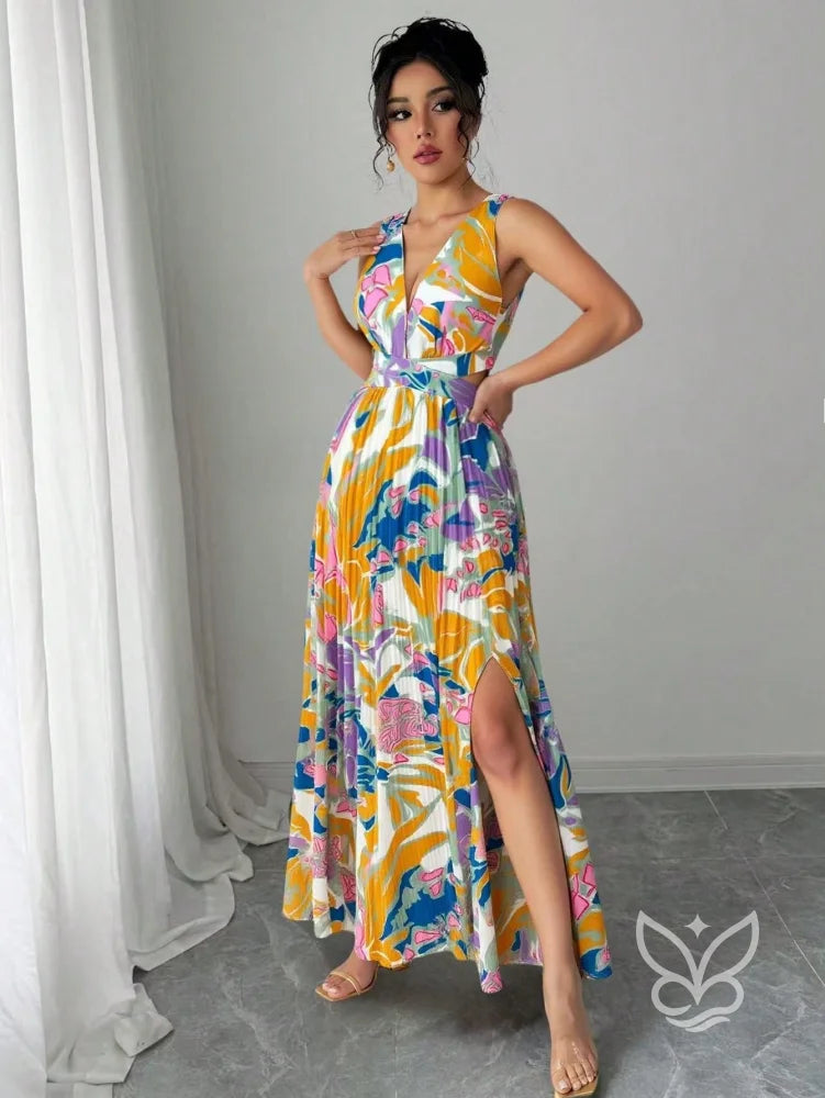 Vestido Curto Sem Manga Com Decote Profundo E Fenda Aberta Vestido Curto Sem Manga Com Decote Profundo E Fenda Aberta