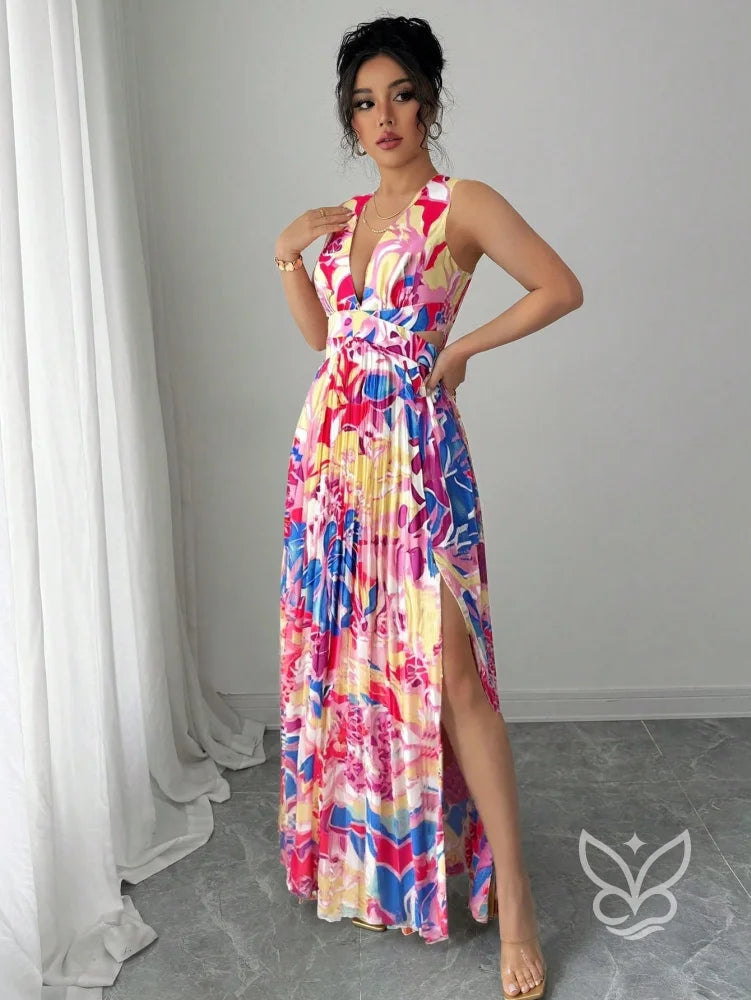Vestido Curto Sem Manga Com Decote Profundo E Fenda Aberta Vestido Curto Sem Manga Com Decote Profundo E Fenda Aberta