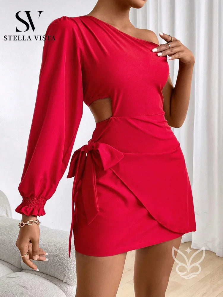 Vestido de Um Ombro Só com Laço e Recorte Lateral Vermelho / P Vestido de Um Ombro Só com Laço e Recorte Lateral