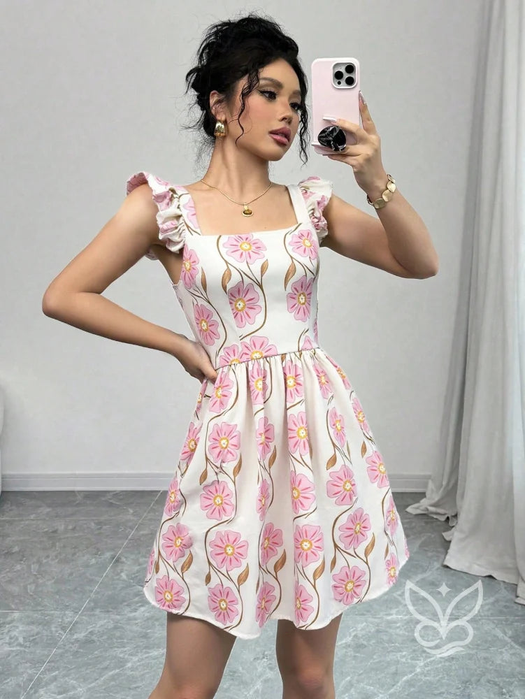 Vestido Estampado Animal Print Com Babado E Costas Abertas Vestido Rodado Com Estampa Floral E Manga Bufante