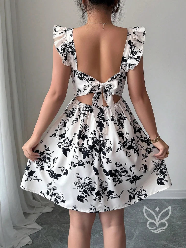 Vestido Estampado Animal Print Com Babado E Costas Abertas Vestido Rodado Com Estampa Floral E Manga Bufante