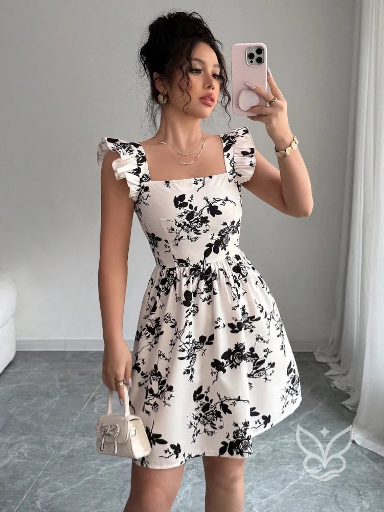 Vestido Estampado Animal Print Com Babado E Costas Abertas Vestido Rodado Com Estampa Floral E Manga Bufante