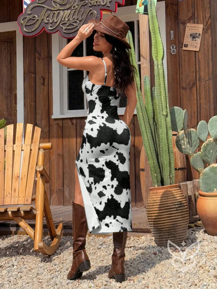 Vestido Longo Alças Finas Com Fenda E Estampa Animal Print Vestido Longo Alças Finas Com Fenda E Estampa Animal Print