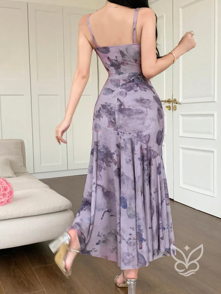 Vestido Longo Floral Com Tule E Alças Finas Vestido Longo Floral Com Tule E Alças Finas