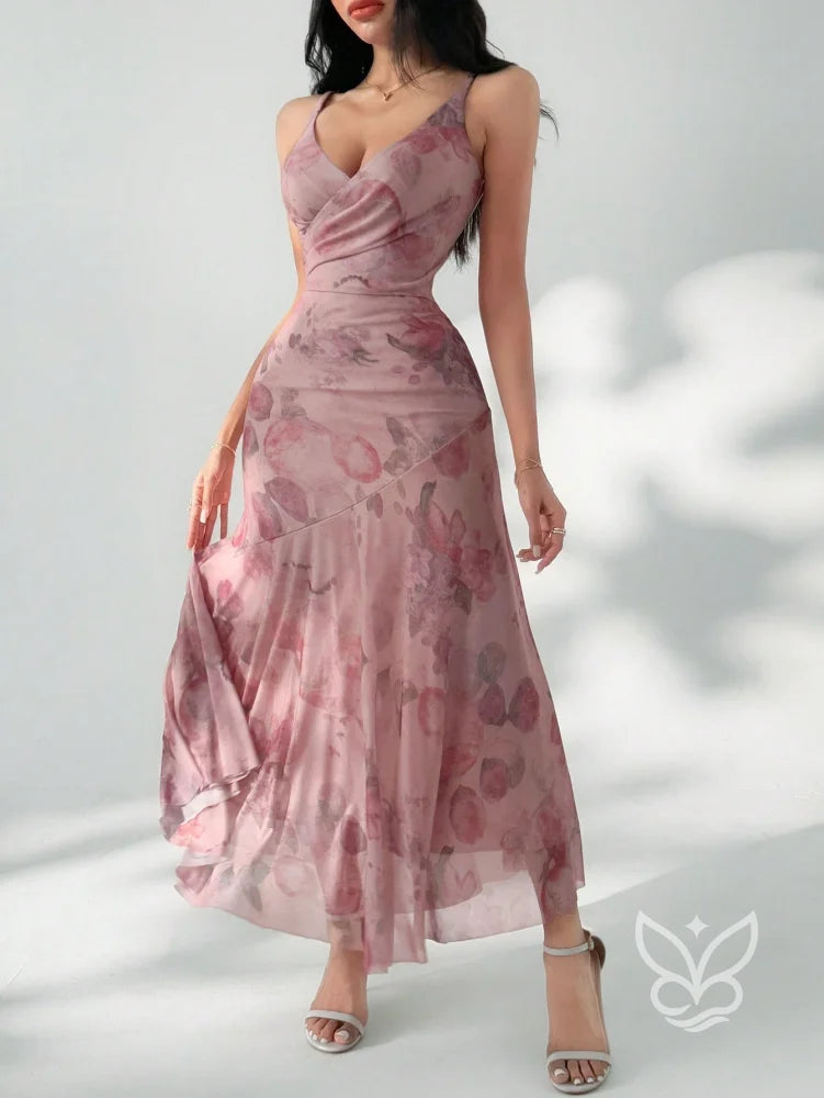 Vestido Longo Floral Com Tule E Alças Finas Vestido Longo Floral Com Tule E Alças Finas