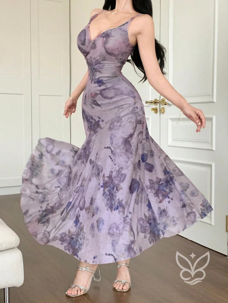 Vestido Longo Floral Com Tule E Alças Finas Vestido Longo Floral Com Tule E Alças Finas