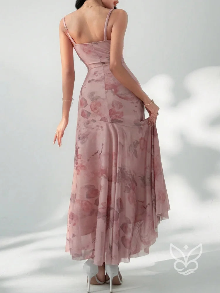 Vestido Longo Floral Com Tule E Alças Finas Vestido Longo Floral Com Tule E Alças Finas