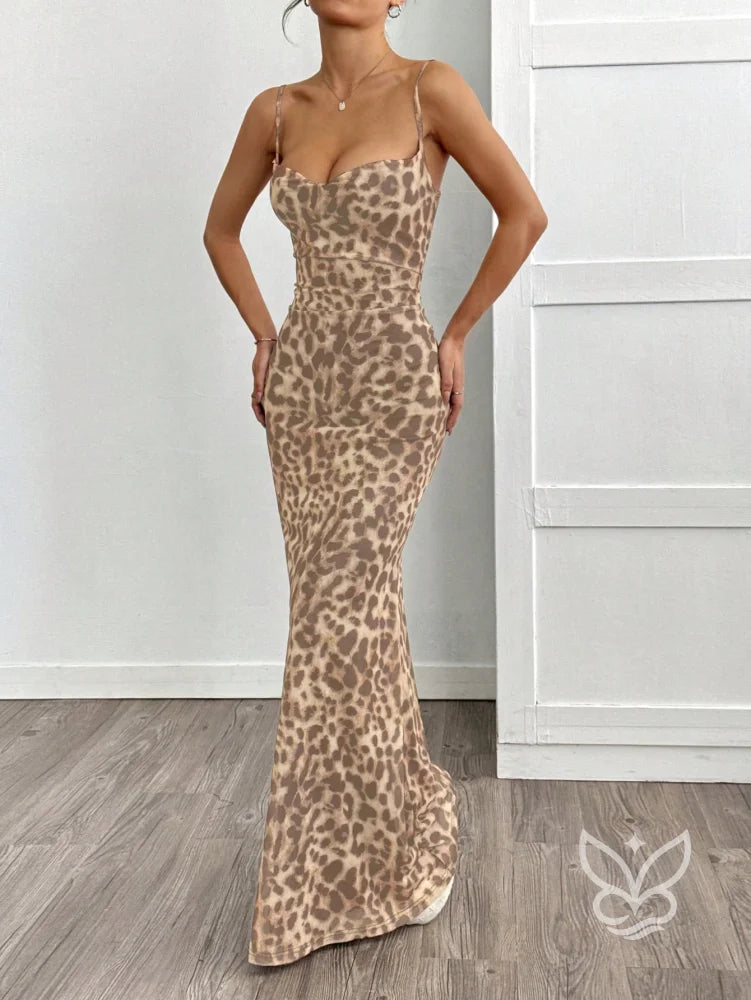 Vestido Longo Justo Com Alça Fina E Estampa Animal Print Vestido Longo Justo Com Alça Fina E Estampa Animal Print