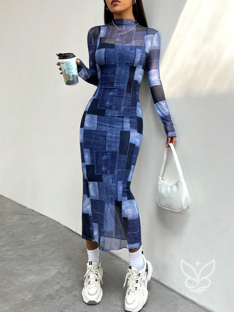 Vestido Longo Justo Com Manga Longa E Estampa Moderna Vestido Longo Justo Com Manga Longa E Decote Quadrado