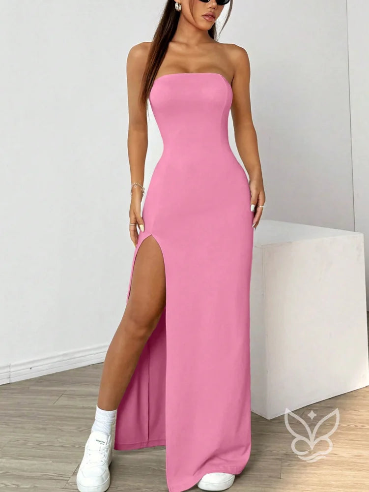 Vestido Longo Tomara Que Caia Com Fenda Profunda Rosa Chiclete / PP Vestido Longo Tomara Que Caia Com Fenda Profunda