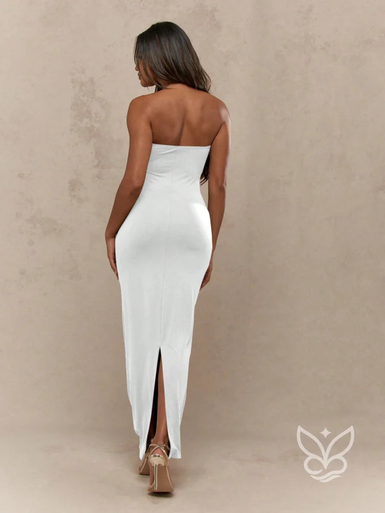 Vestido Longo Tubinho Com Fenda Nas Costas E Caimento Ajustado Vestido Longo Tubinho Com Fenda Nas Costas E Caimento