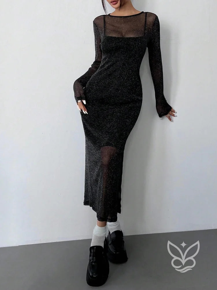 Vestido Midi Brilhante Com Camada Transparente Longa Vestido Midi Brilhante Com Camada Transparente Longa